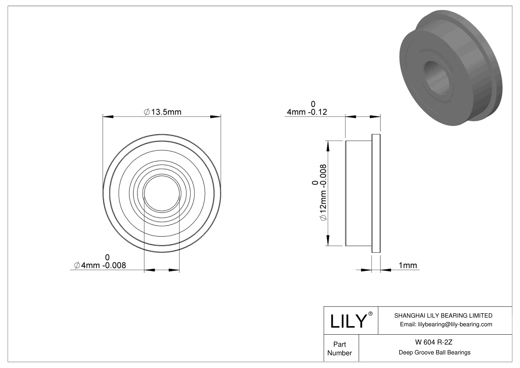 W 604 R-2Z Flanged Ball Bearings cad drawing