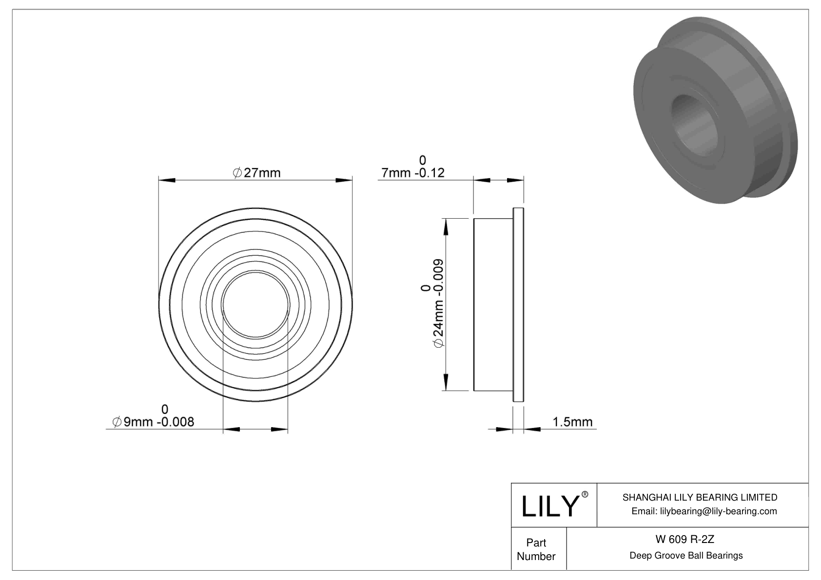 W 609 R-2Z Rodamientos de bolas con pestaña cad drawing