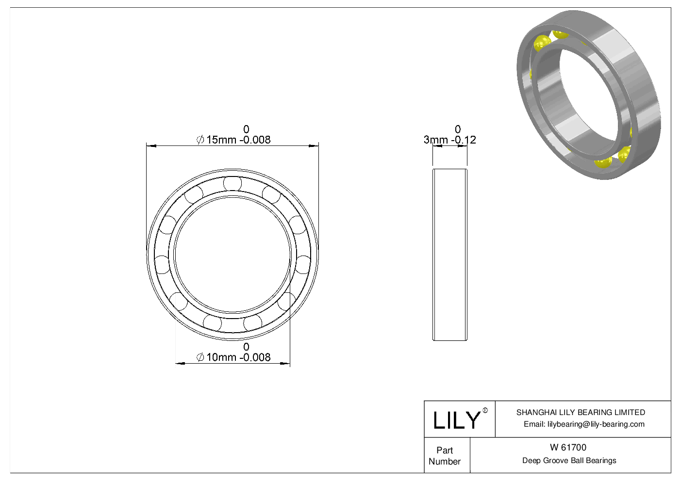 W 61700-2ZS Stainless Steel Deep Groove Ball Bearings cad drawing