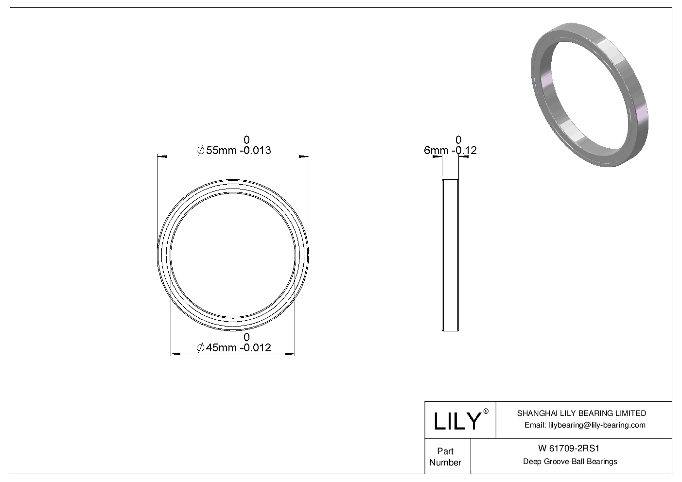 W 61709-2RS1 Stainless Steel Deep Groove Ball Bearings cad drawing