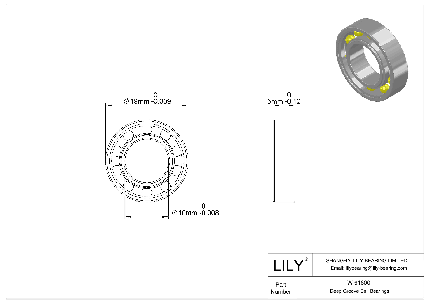 W 61800 Stainless Steel Deep Groove Ball Bearings cad drawing