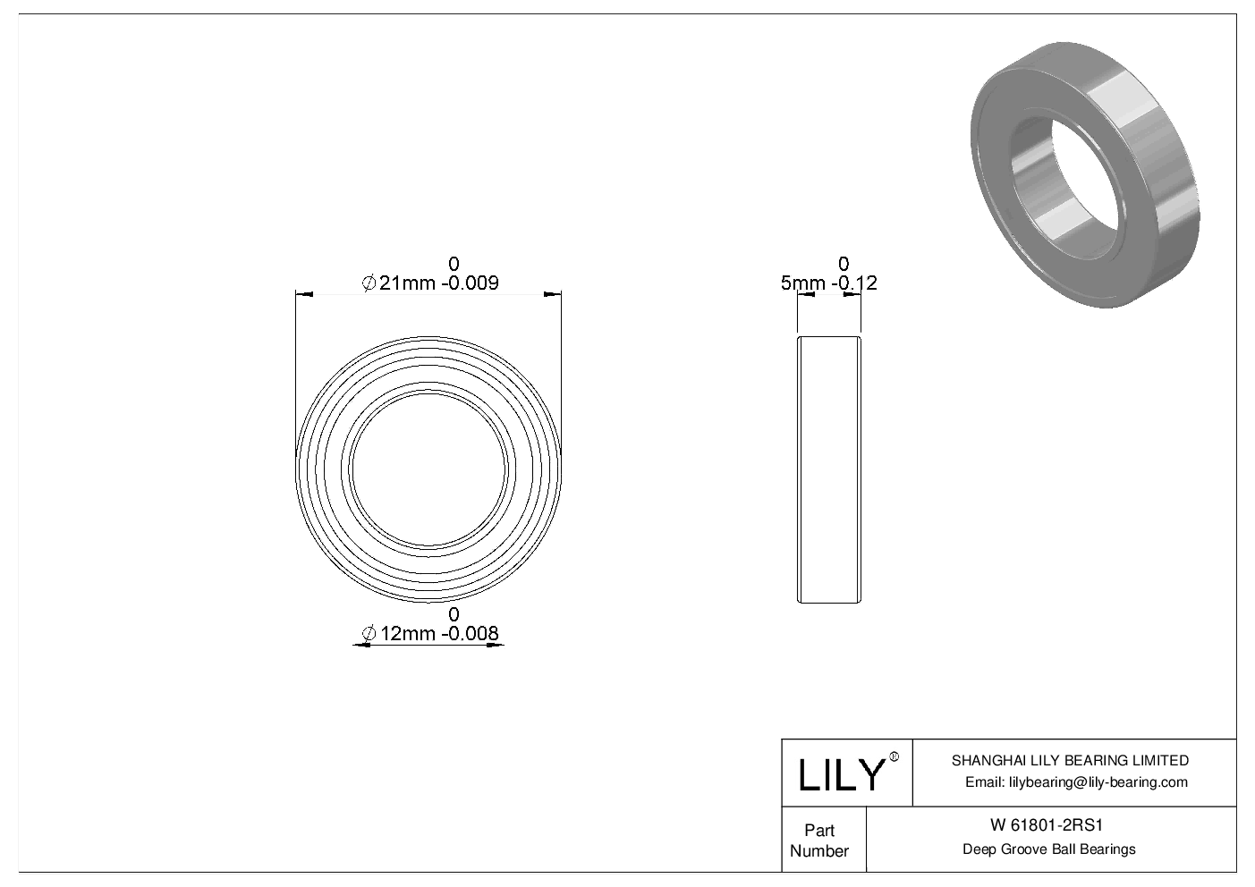 W 61801-2RS1 Stainless Steel Deep Groove Ball Bearings cad drawing