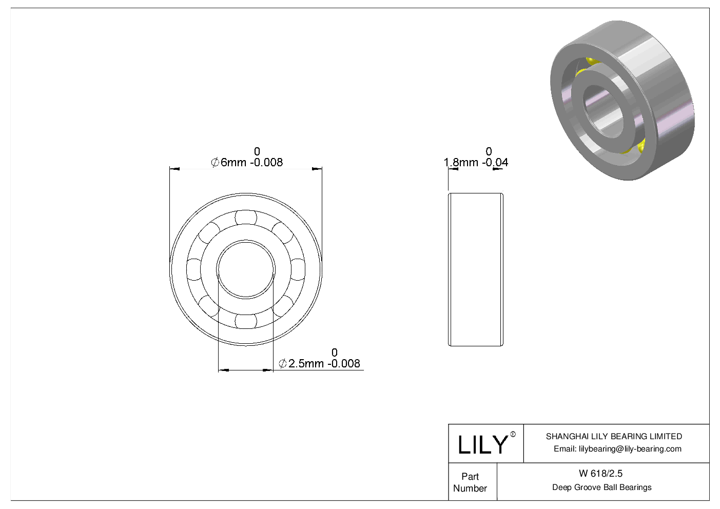 W 618/2.5 Stainless Steel Deep Groove Ball Bearings cad drawing