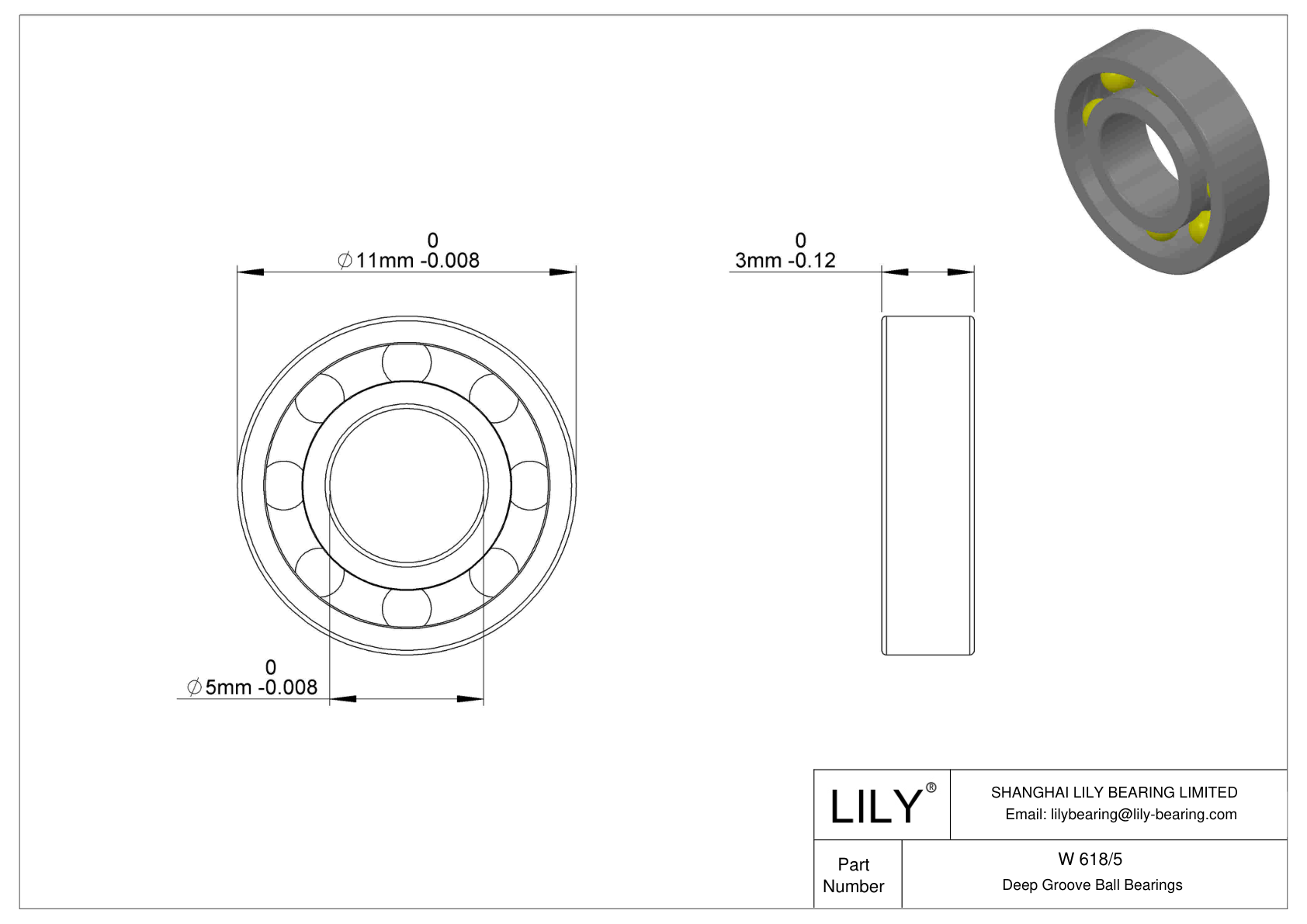 W 618/5 Stainless Steel Deep Groove Ball Bearings cad drawing