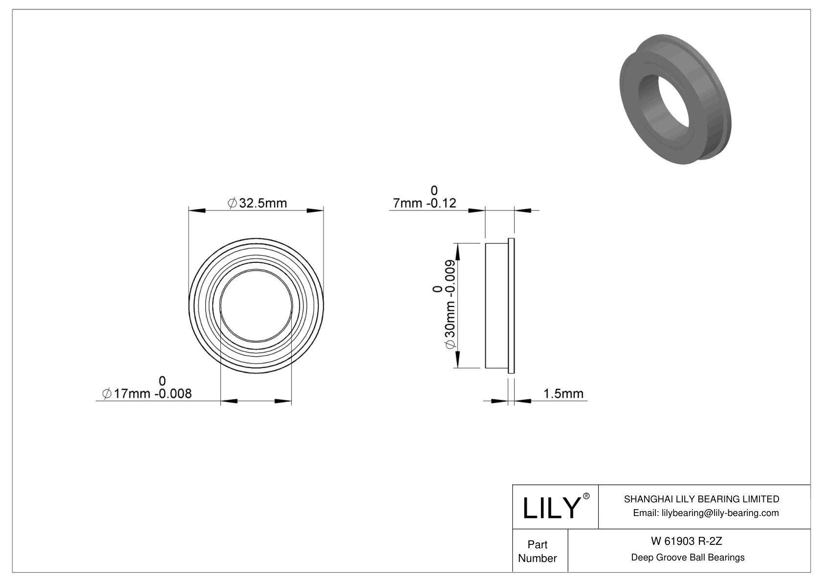 W 61903 R-2Z Rodamientos de bolas con pestaña cad drawing