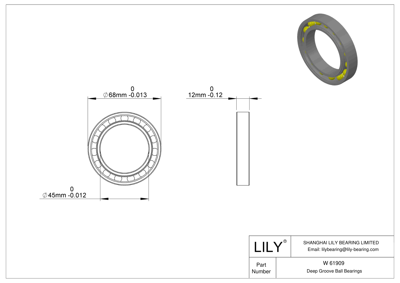 W 61909 Stainless Steel Deep Groove Ball Bearings cad drawing