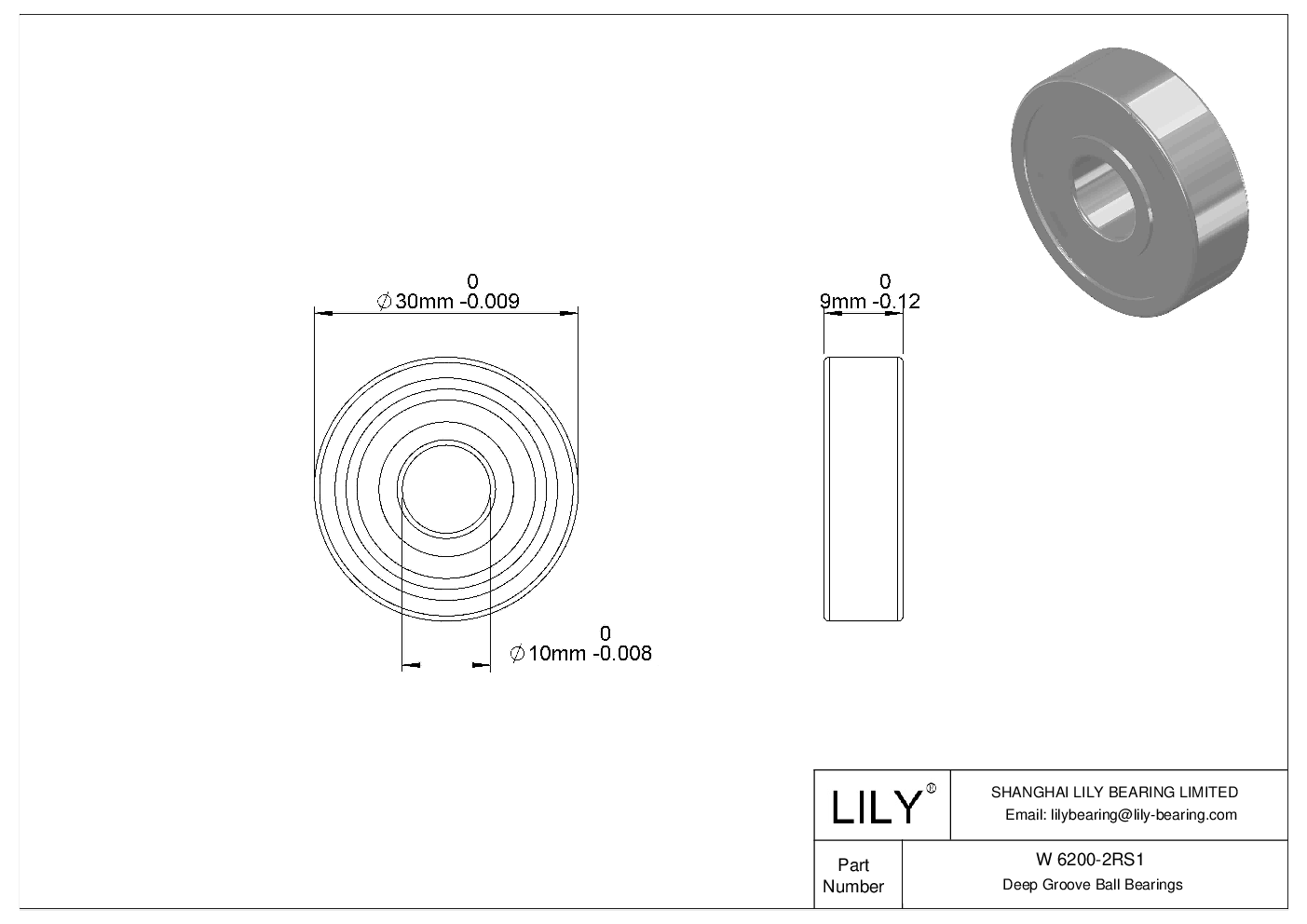 W 6200-2RS1 Stainless Steel Deep Groove Ball Bearings cad drawing