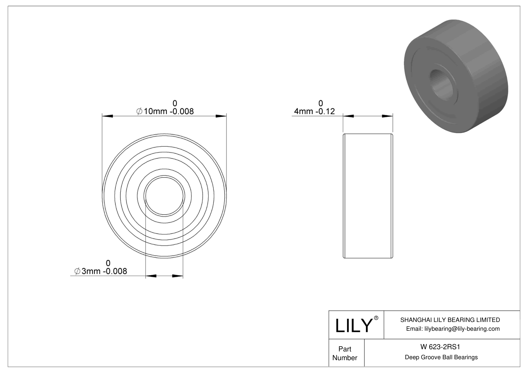 W 623-2RS1 Stainless Steel Deep Groove Ball Bearings cad drawing