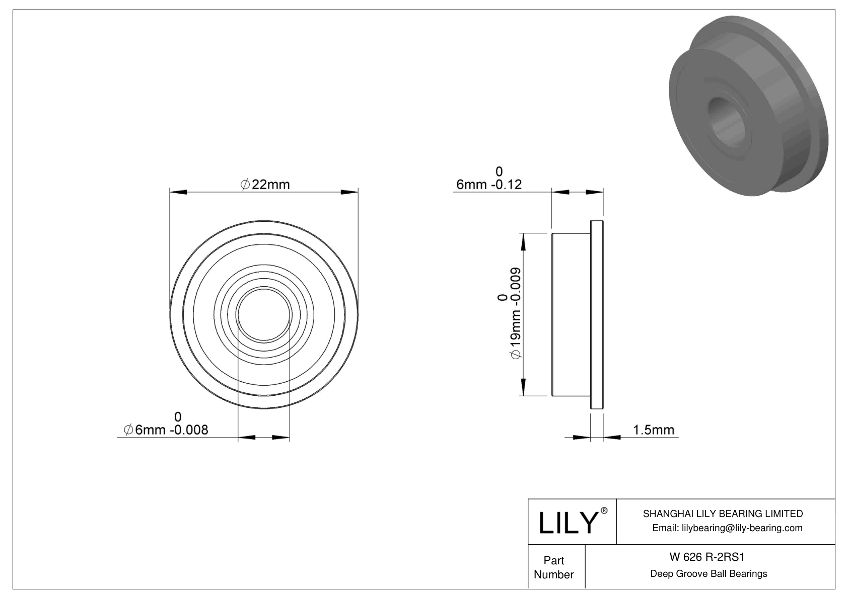 W 626 R-2RS1 Rodamientos de bolas con pestaña cad drawing