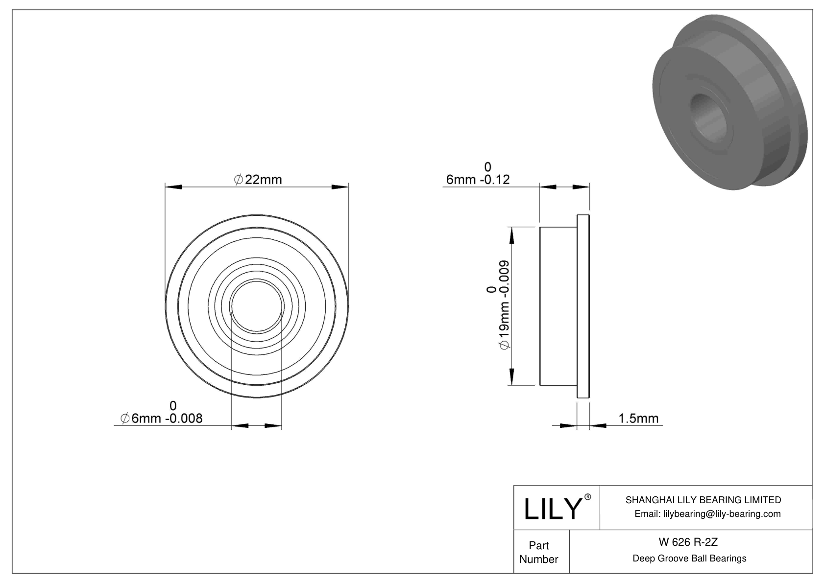 W 626 R-2Z Flanged Ball Bearings cad drawing