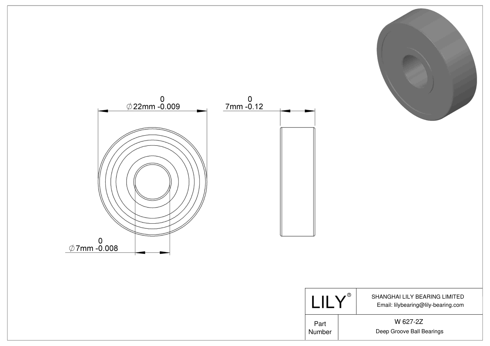 W 627-2Z Stainless Steel Deep Groove Ball Bearings cad drawing