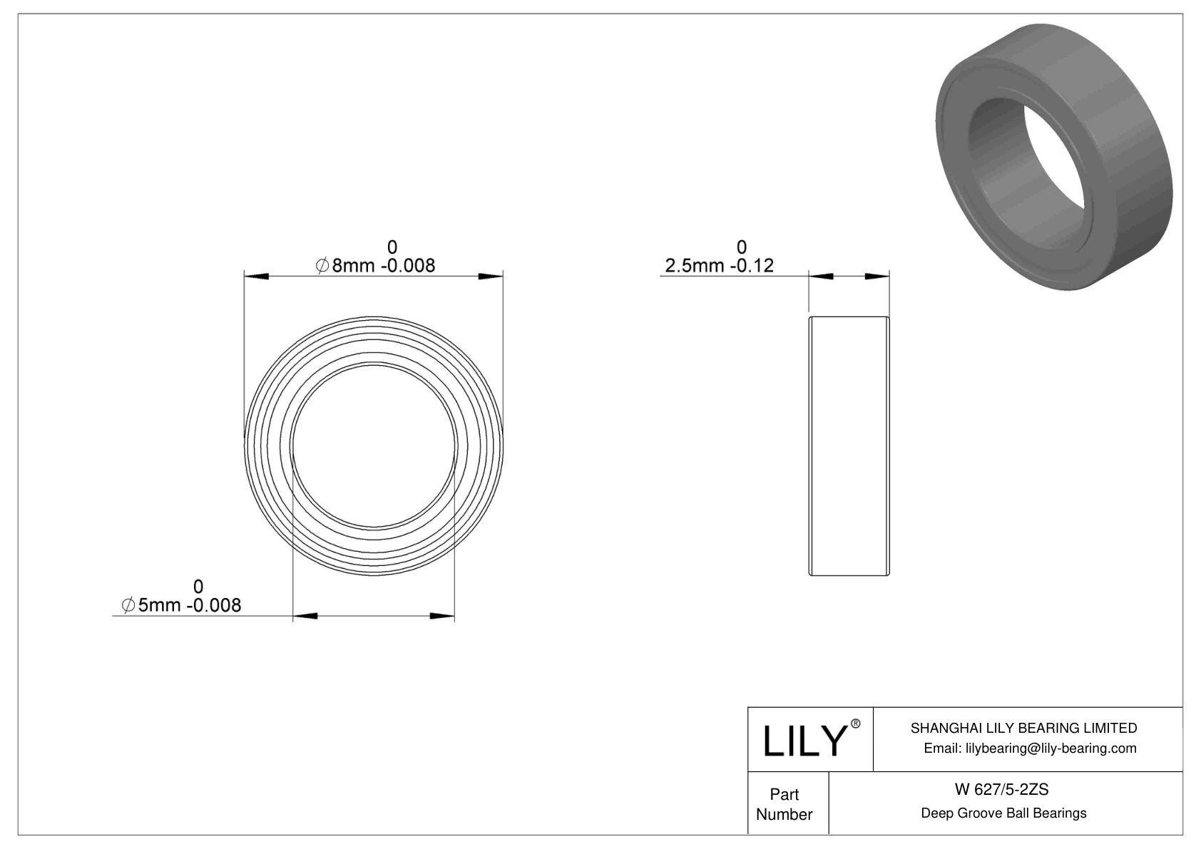 W 627/5-2ZS Stainless Steel Deep Groove Ball Bearings cad drawing