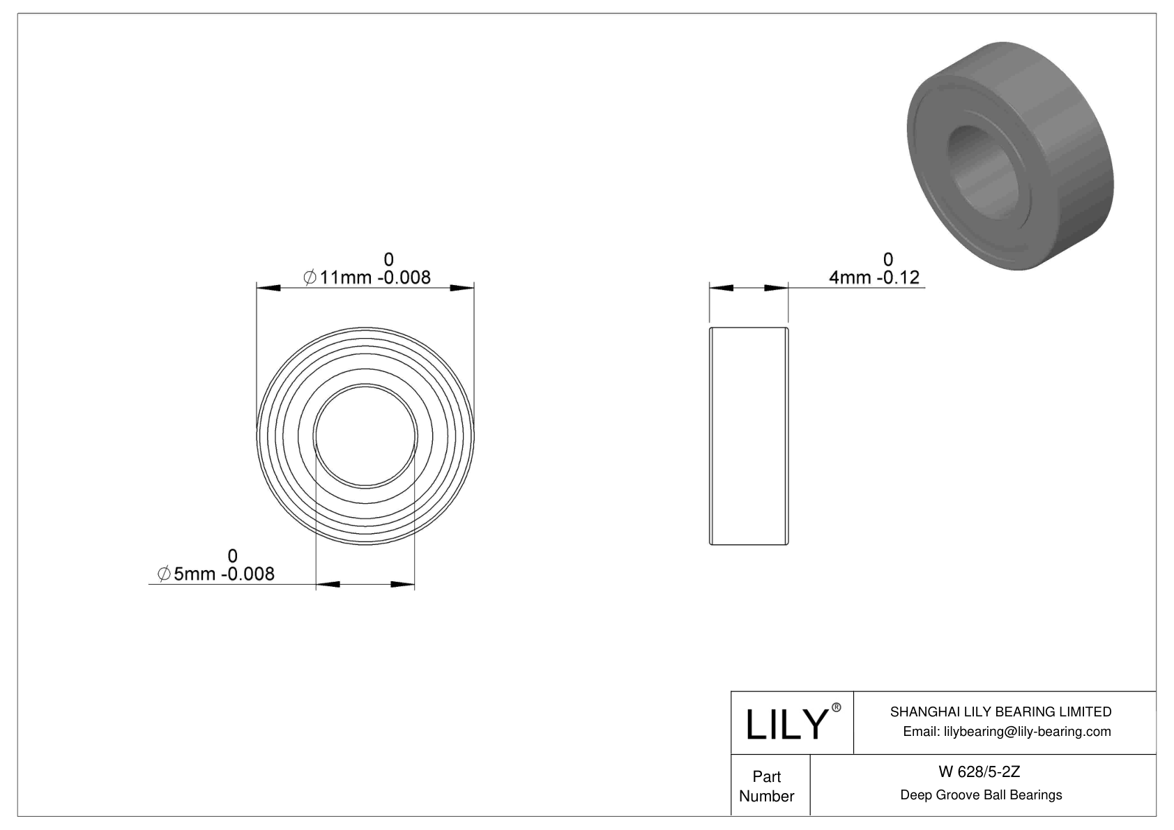 W 628/5-2Z Stainless Steel Deep Groove Ball Bearings cad drawing