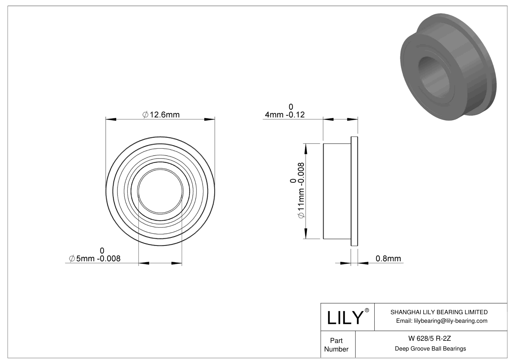 W 628/5 R-2Z Flanged Ball Bearings cad drawing