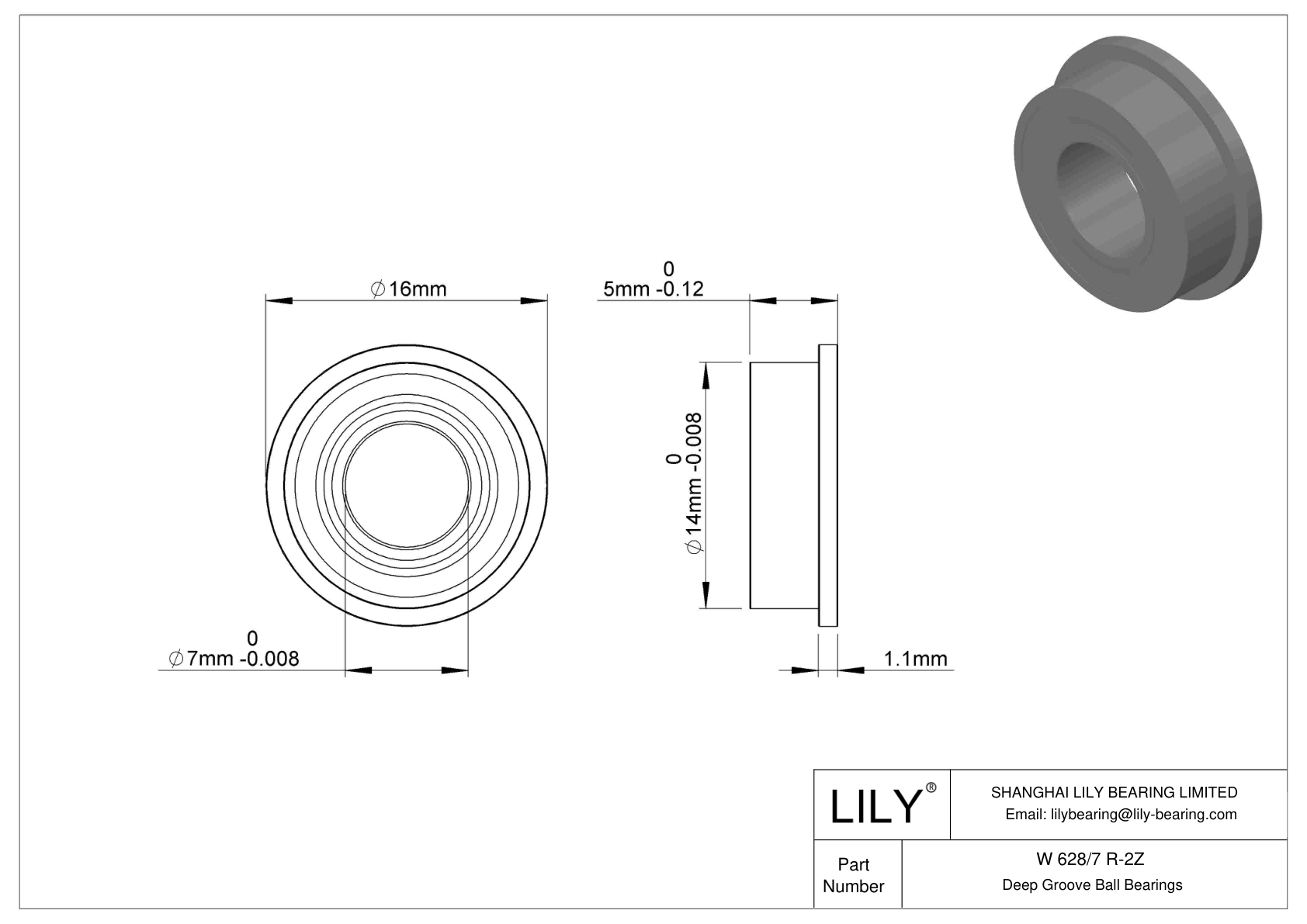 W 628/7 R-2Z Flanged Ball Bearings cad drawing