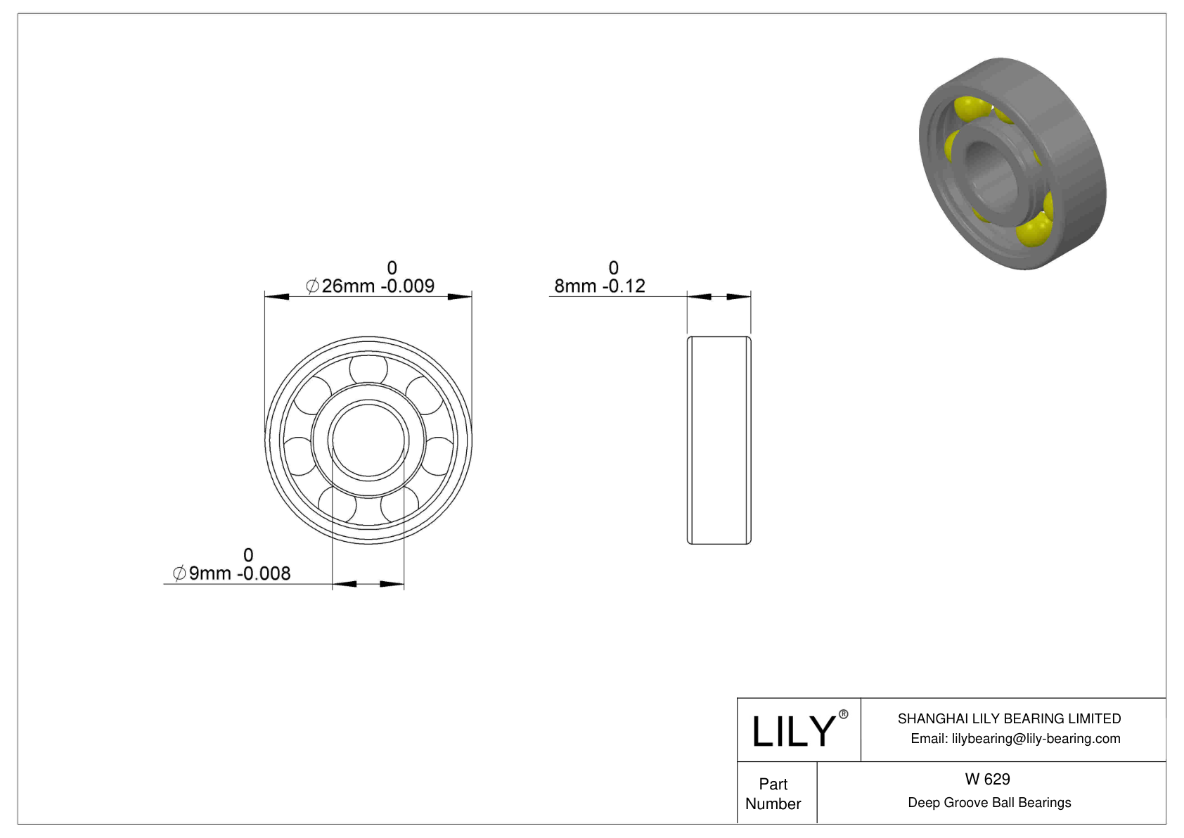 W 629 Stainless Steel Deep Groove Ball Bearings cad drawing