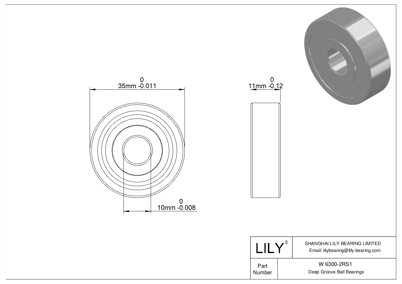 W 6300-2RS1 Stainless Steel Deep Groove Ball Bearings cad drawing