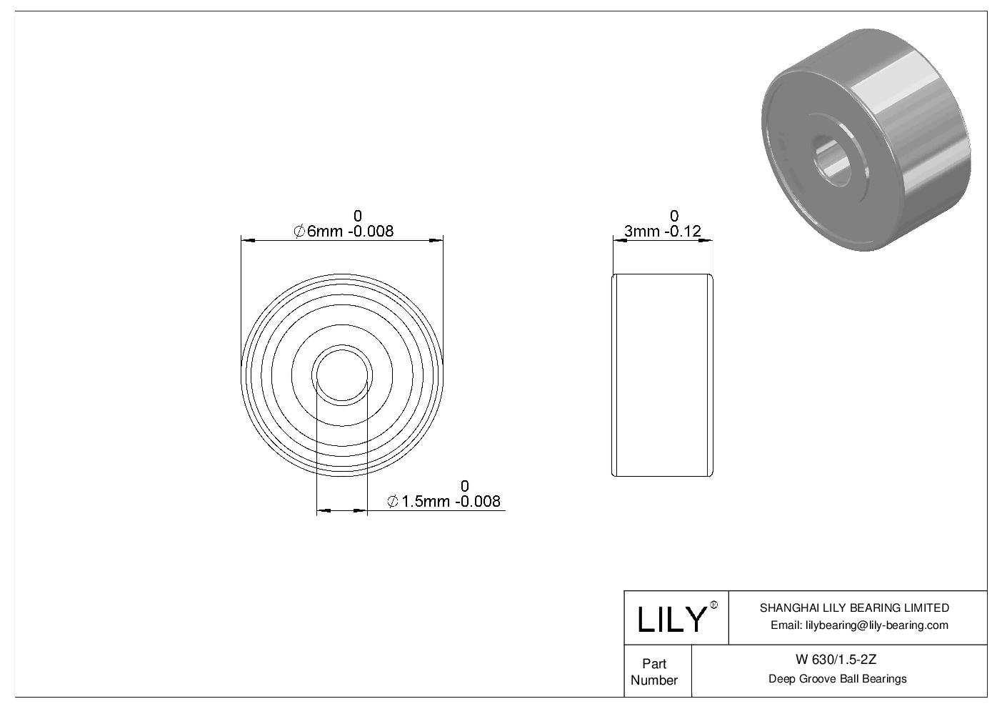 W 630/1.5-2Z Stainless Steel Deep Groove Ball Bearings cad drawing