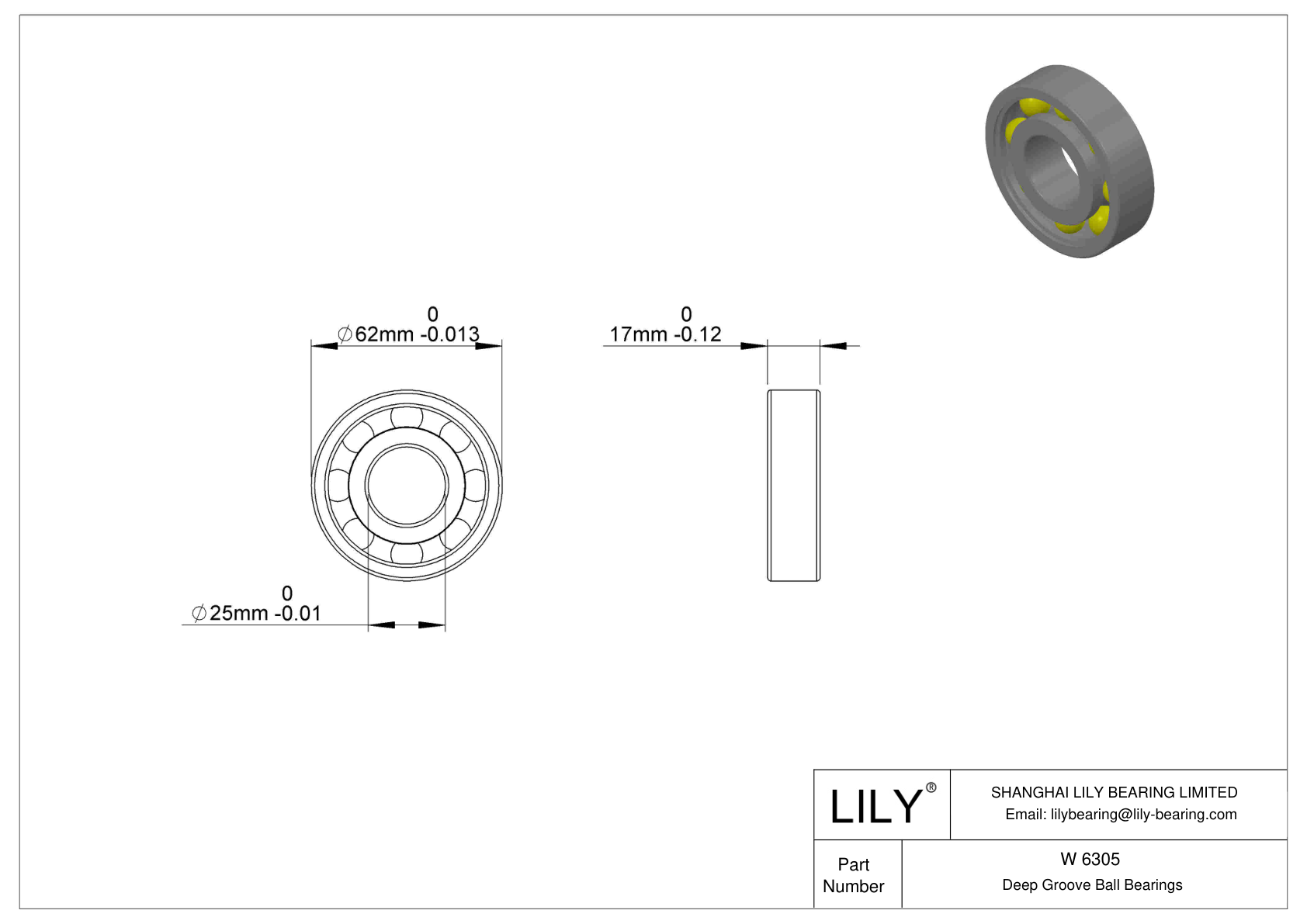 W 6305-2RS1/W64 Stainless Steel Deep Groove Ball Bearings cad drawing