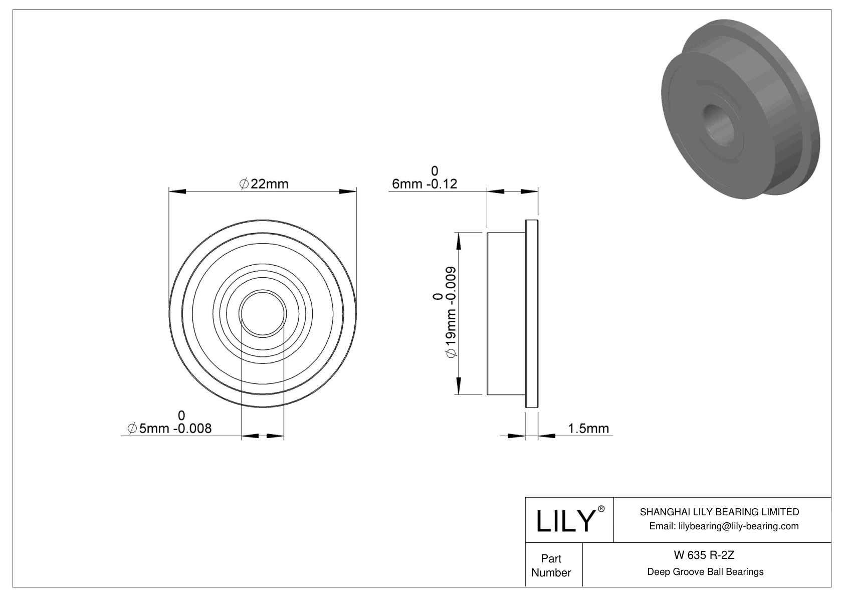 W 635 R-2Z Flanged Ball Bearings cad drawing