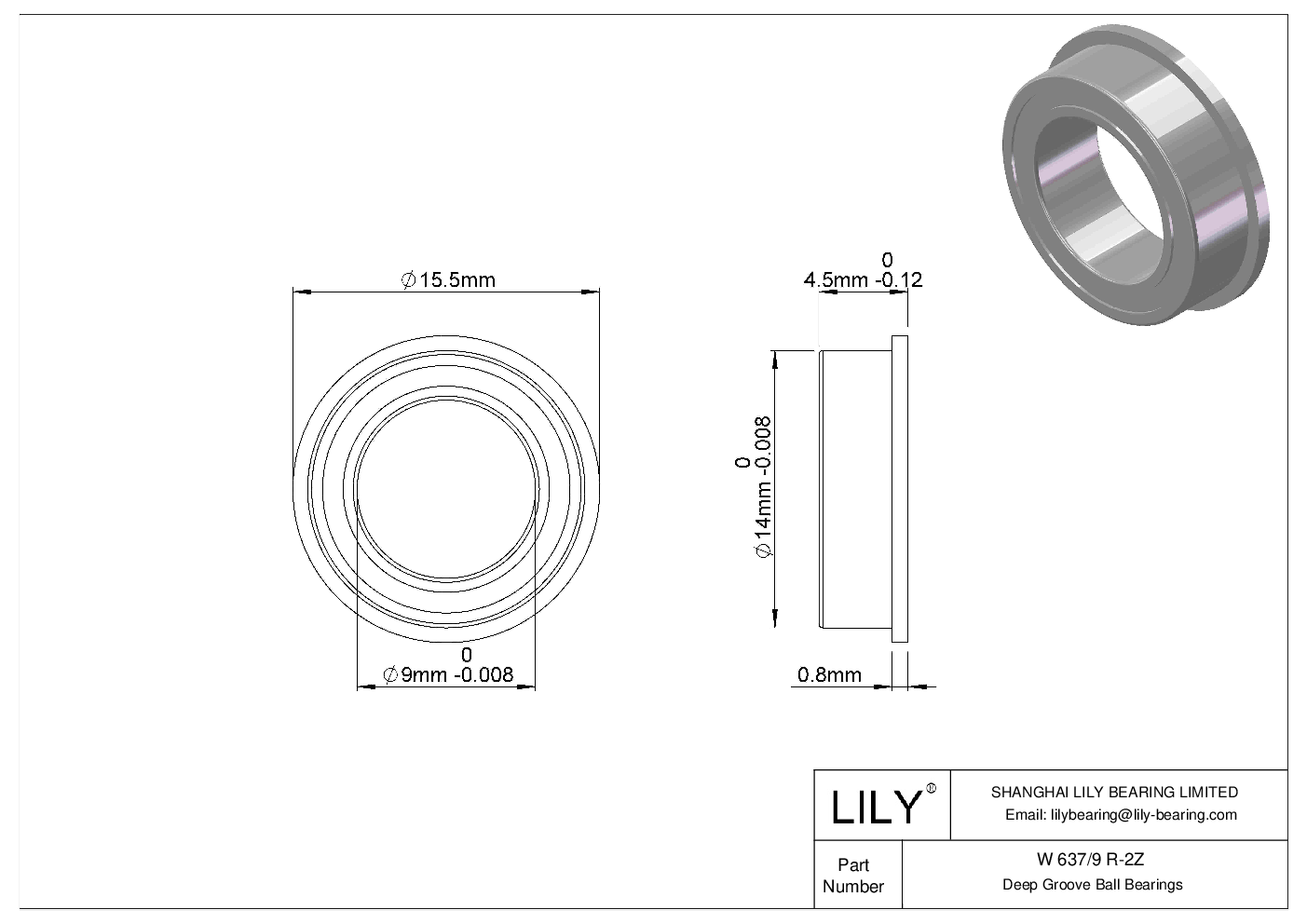 W 637/9 R-2Z Flanged Ball Bearings cad drawing