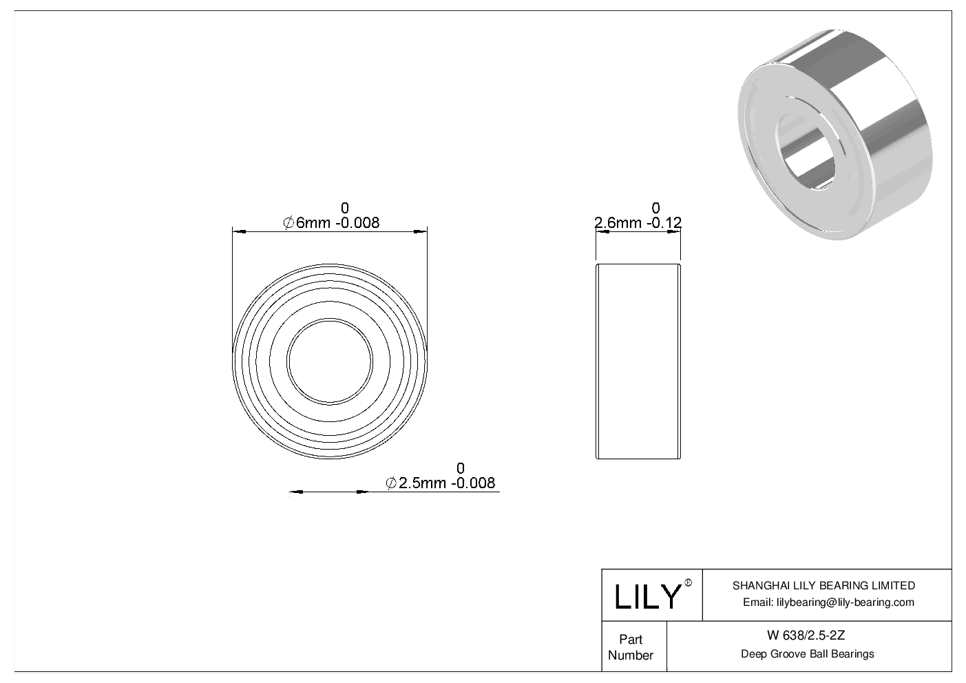 W 638/2.5-2Z Stainless Steel Deep Groove Ball Bearings cad drawing