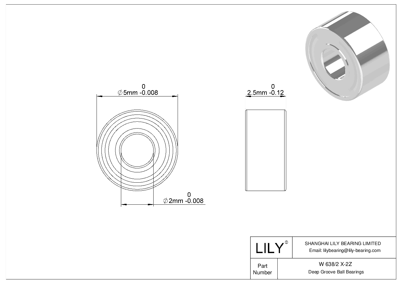 W 638/2 X-2Z Stainless Steel Deep Groove Ball Bearings cad drawing