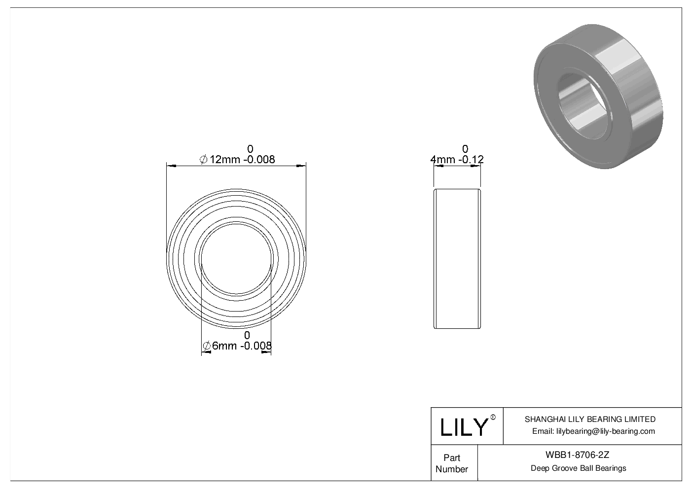 WBB1-8706-2Z Stainless Steel Deep Groove Ball Bearings cad drawing