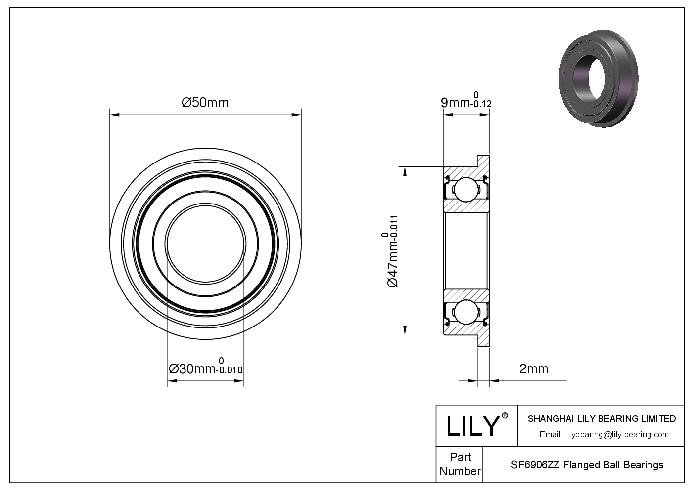 SF6906ZZ Flanged Thin Section Bearings cad drawing