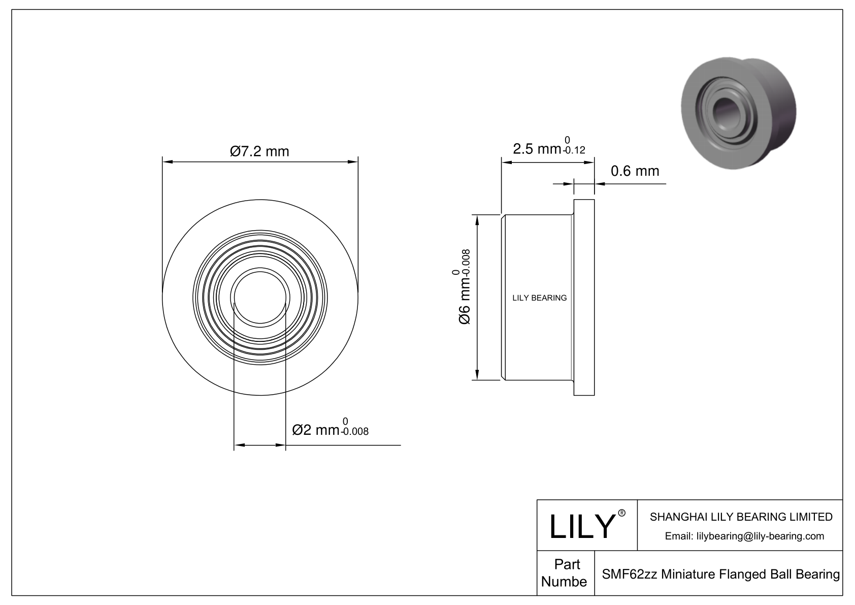 SMF62C-ZZ #3 PS2 Hybrid Ceramic Flanged Bearings cad drawing
