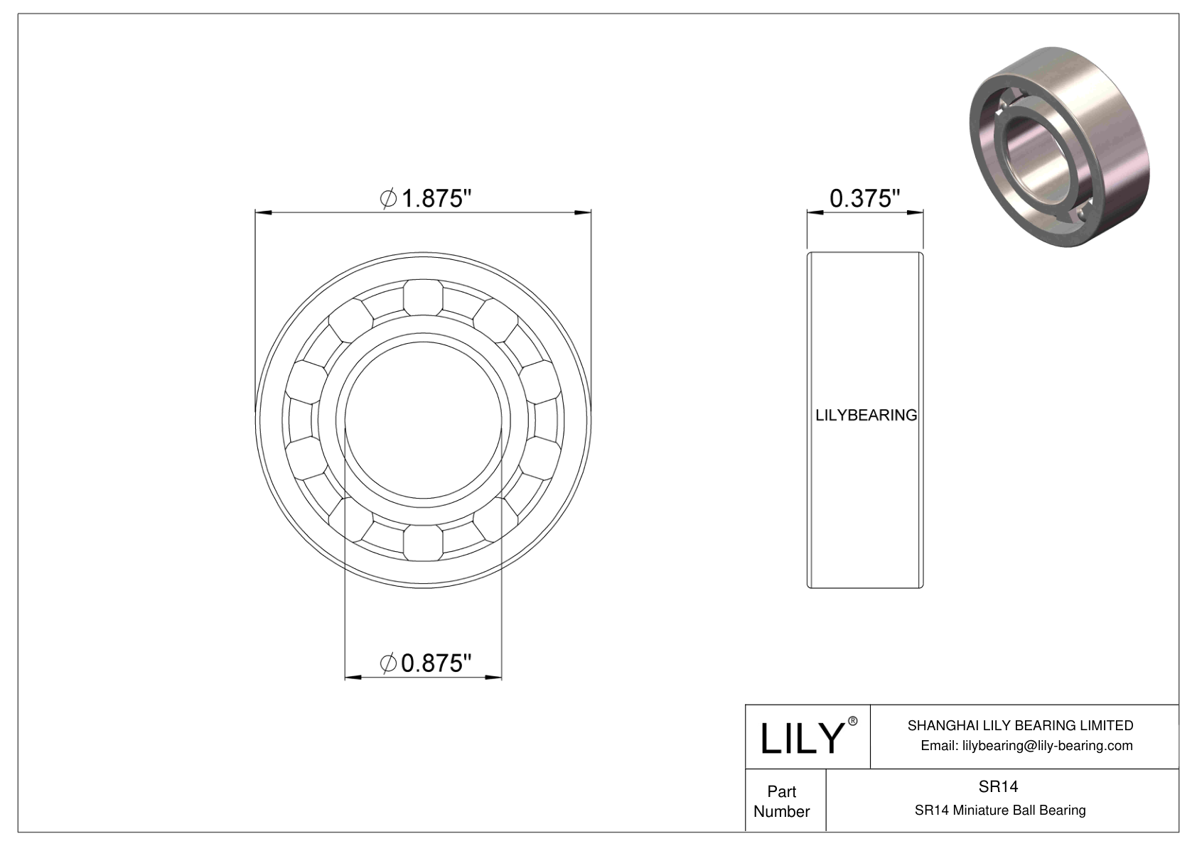 SR14 AISI440C 不锈钢球轴承 cad drawing