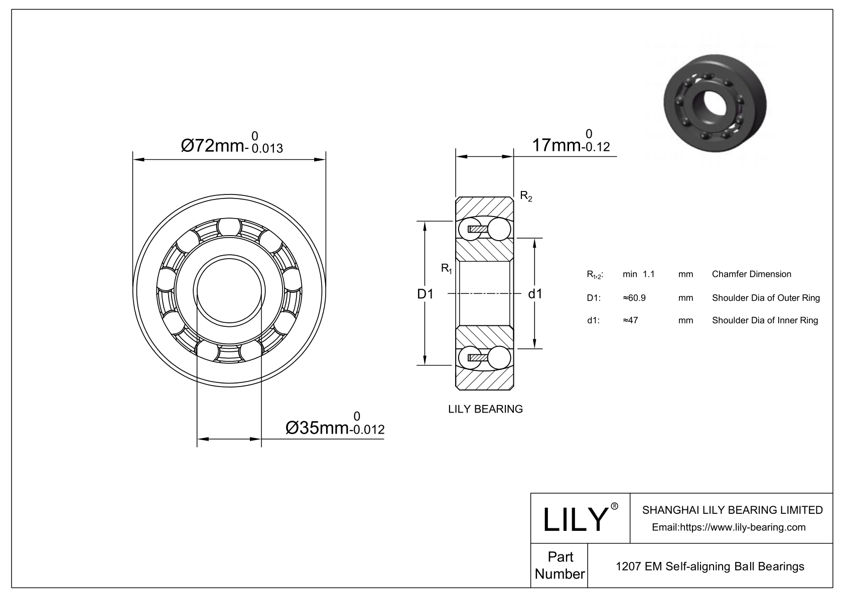S1207 EM Stainless Steel Self Aligning Ball Bearings cad drawing