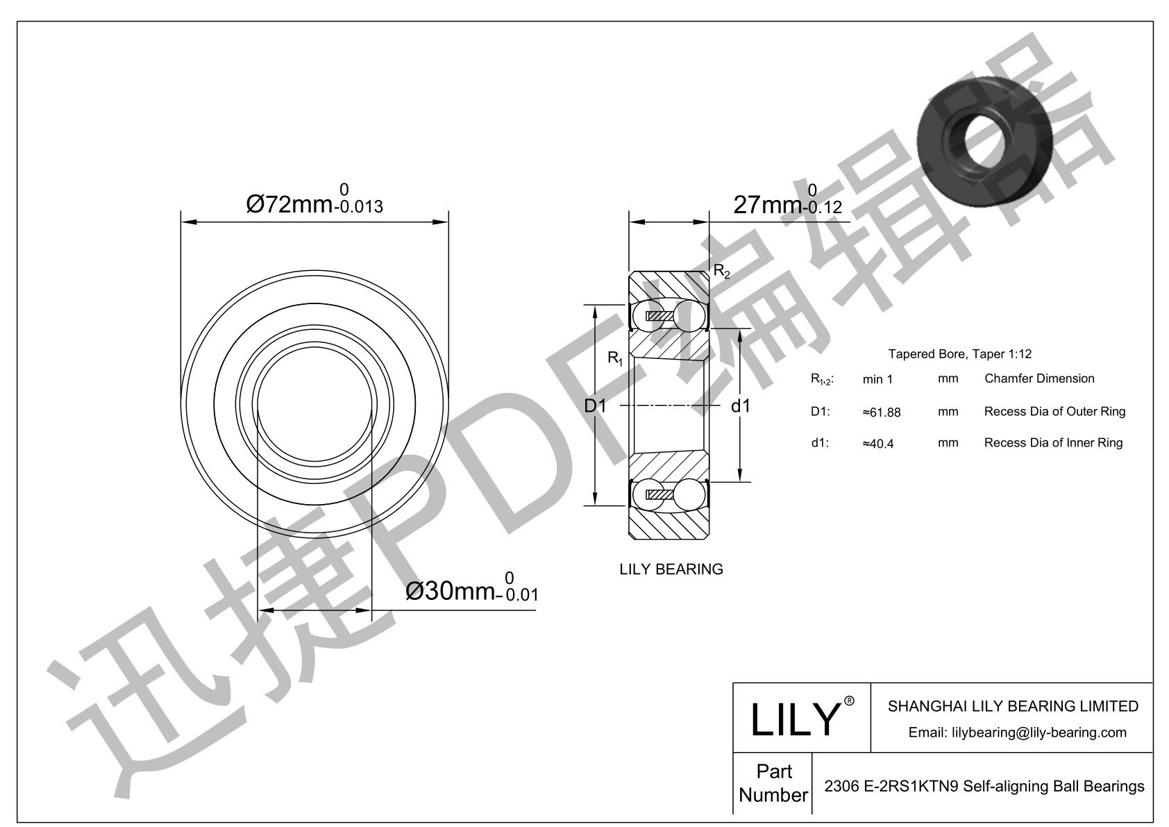 CE2306 E-SIPP Silicon Nitride Self Aligning Ball Bearings cad drawing