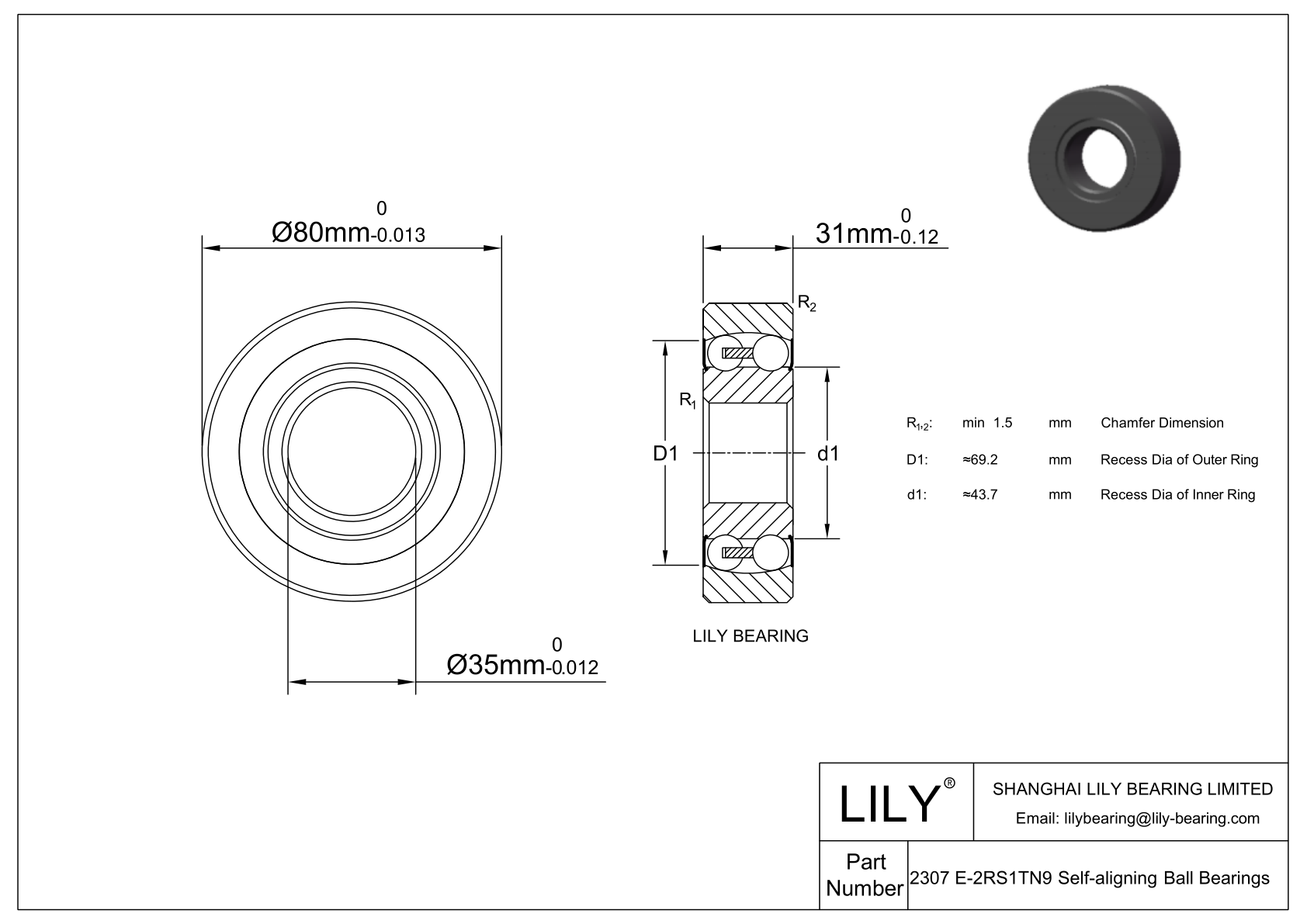 S2307 E-2RS1TN9 Stainless Steel Self Aligning Ball Bearings cad drawing