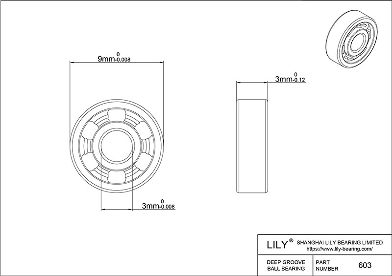 S304-603 AISI304 Stainless Steel Ball Bearings cad drawing
