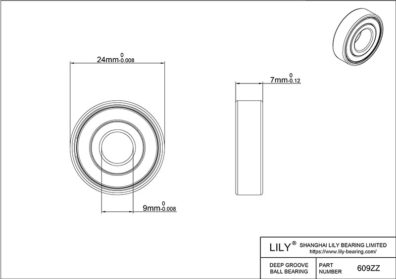 S304-609zz AISI304 Stainless Steel Ball Bearings cad drawing