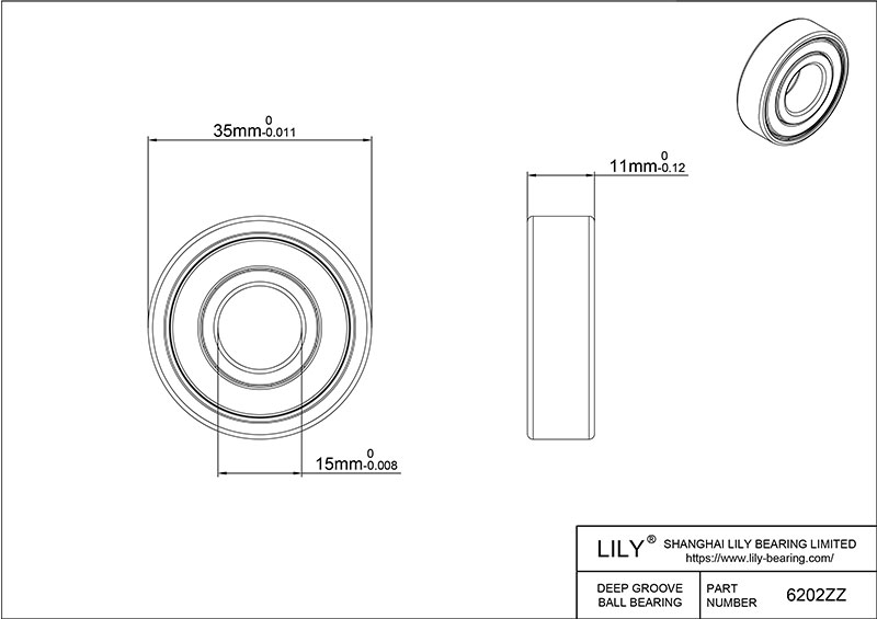 S304-6202zz AISI304 Stainless Steel Ball Bearings cad drawing