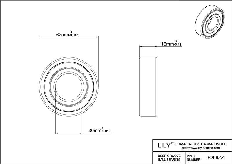 S304-6206zz AISI304 Stainless Steel Ball Bearings cad drawing