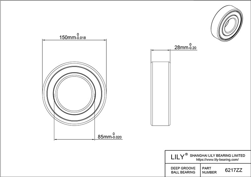 S304-6217zz AISI304 Stainless Steel Ball Bearings cad drawing