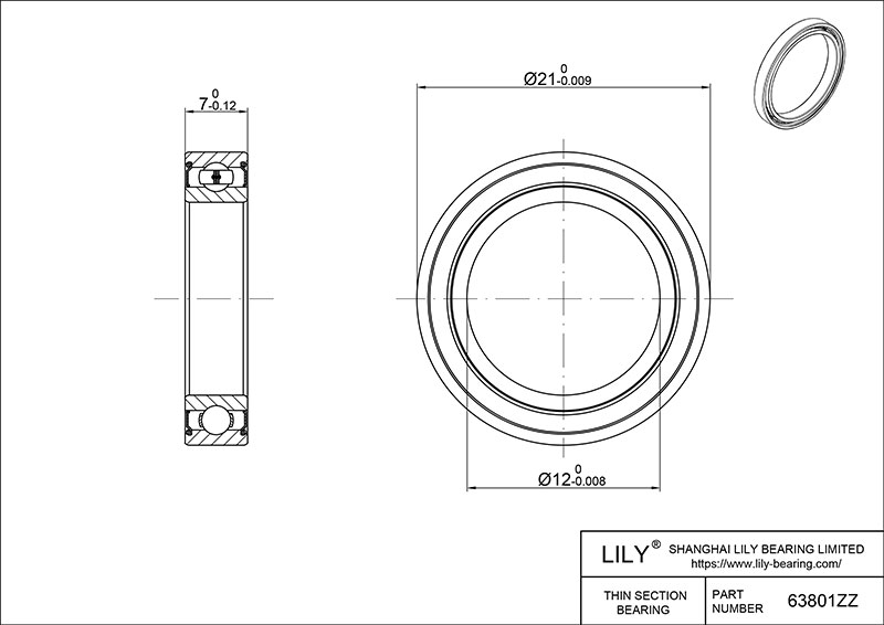 S304-63801zz AISI304 Stainless Steel Ball Bearings cad drawing