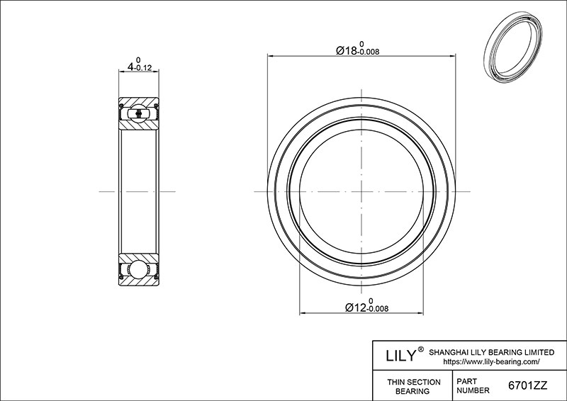 S304-6701zz AISI304 Stainless Steel Ball Bearings cad drawing