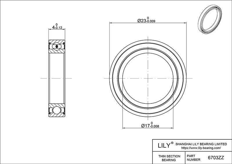 S304-6703zz AISI304 Stainless Steel Ball Bearings cad drawing