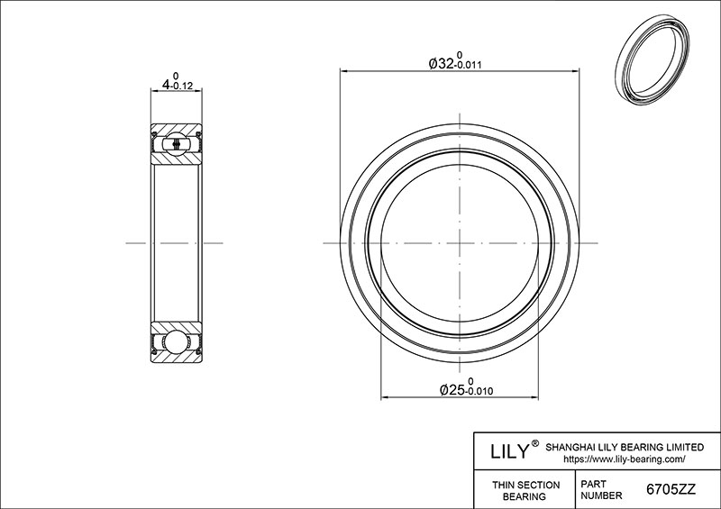 S304-6705zz AISI304 Stainless Steel Ball Bearings cad drawing