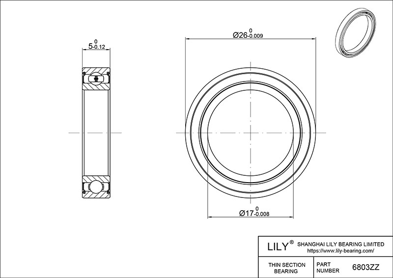 S304-6803zz AISI304 Stainless Steel Ball Bearings cad drawing