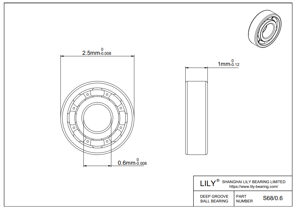 S304-68/0.6 AISI304 Stainless Steel Ball Bearings cad drawing