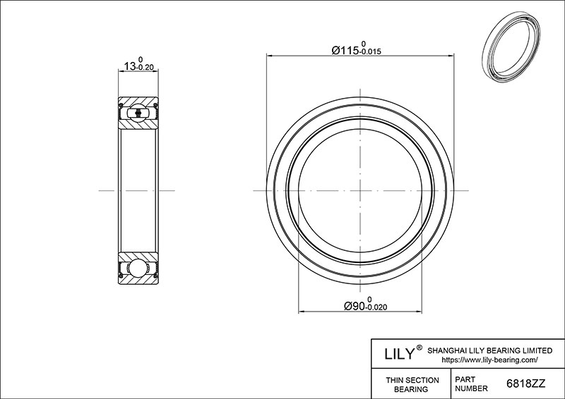 S304-6818zz AISI304 Stainless Steel Ball Bearings cad drawing