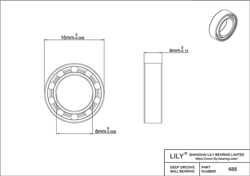 S304-688 AISI304 Stainless Steel Ball Bearings cad drawing