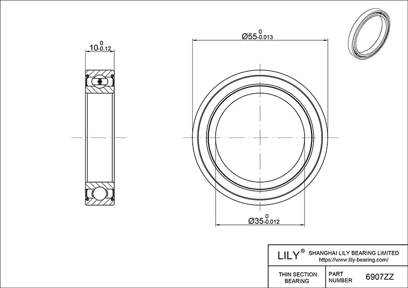 S304-6907zz AISI304 Stainless Steel Ball Bearings cad drawing