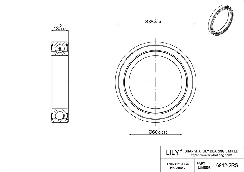 S304-6912 2rs AISI304 Stainless Steel Ball Bearings cad drawing