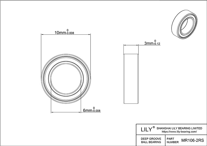 S304-MR106 2rs AISI304 Stainless Steel Ball Bearings cad drawing